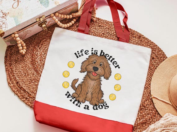life is better with dogs labradoodle tote bag for women, cute Mothers day gifts from dog, reusable shopping bag, labradoodle gifts