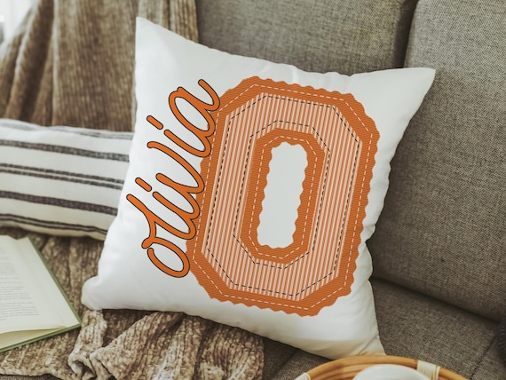 personalized initial throw pillow for bed orange seersucker pillow with name, Christmas gifts for college students, teenage girl gifts, cute