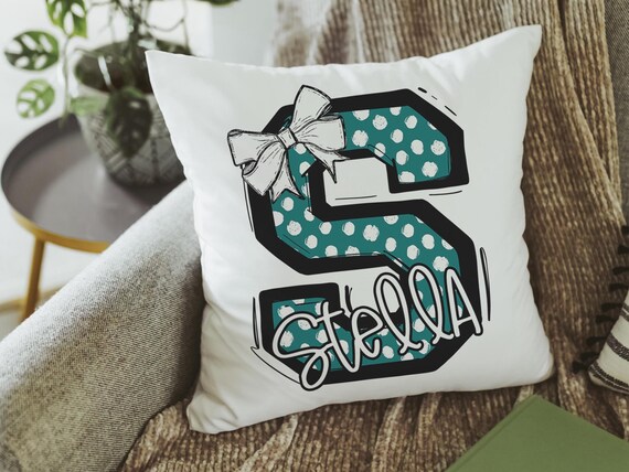 personalized initial throw pillows for little girls, best Christmas gifts for young women, white and teal name pillow cases for teens, dorm