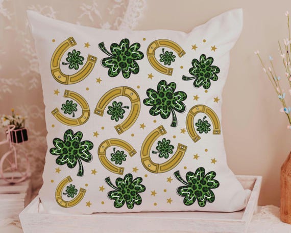 lucky charm gold horseshoe St Patricks day throw pillows for day bed, leopard print green shamrock St Pattys day decorative pillows for sofa