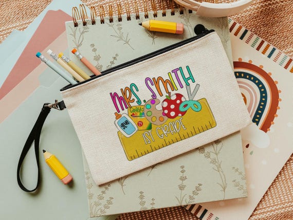 personalized pencil pouch for teachers, school supplies, cute pencil bag for purse, back to school gifts for coworkers, first grade teacher
