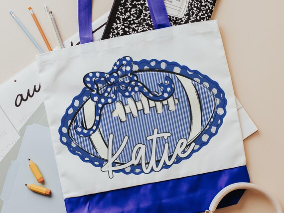 personalized seersucker football tote bag with name, football cheer gifts for girls, royal blue school spirit accessories, Christmas gifts