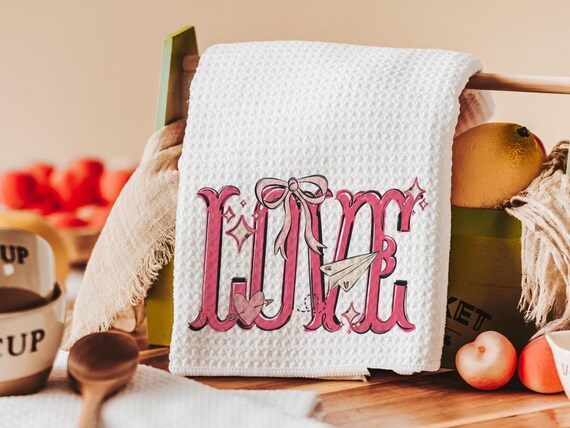 love coquette kitchen towel for Valentines day gifts for girlfriend, preppy Valentines kitchen decor, Galentines day gifts for friends, best
