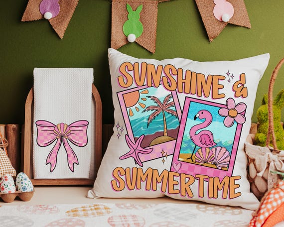 summer throw pillow for couch, beach coquette hand towels for bathroom, beach house gifts, pink and orange coastal seashell decor, flamingo