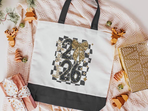 Happy New Year 2026 tote bags for women, New Year gifts for friends, cute shopping bags reusable, New Years hostess gift, shopaholic gifts