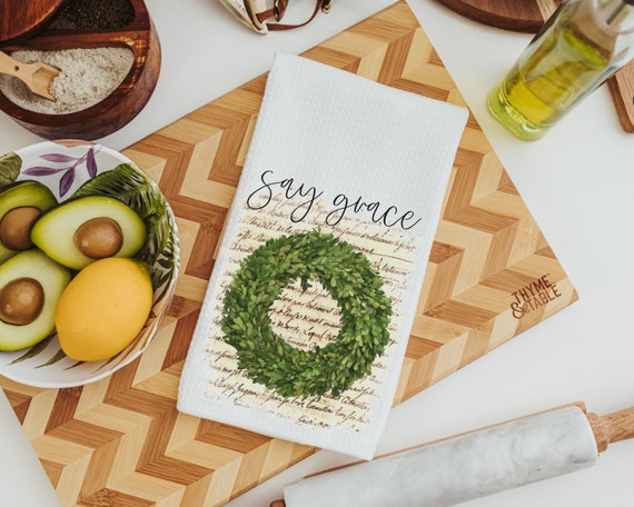 say grace farmhouse kitchen towels, Christmas gifts for Mom from daughter, stocking stuffers for women, Christian gifts for home, dish towel