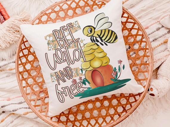 be wild and free bumble bee throw pillow for kids reading nook pillow covers 18x18, honey bee baby shower gifts, inspirational nursery decor