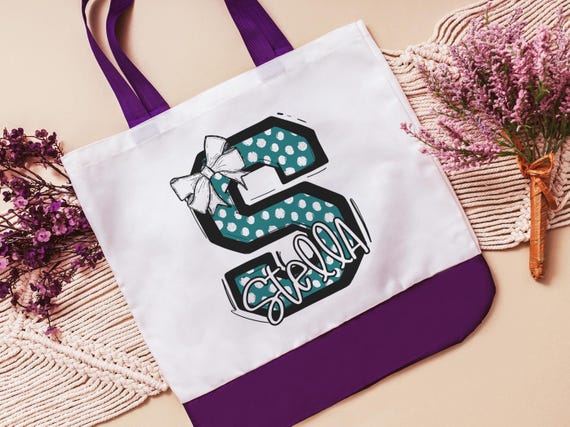 personalized initial tote bags for girls, secret Santa gifts for her, trendy teal name tote book bag for school, Christmas gifts for college