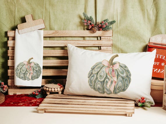 oyster shell pumpkin decorative pillows for breakfast nook, nautical pumpkins autumn kitchen towels, Thanksgiving hosting gift, fall coastal