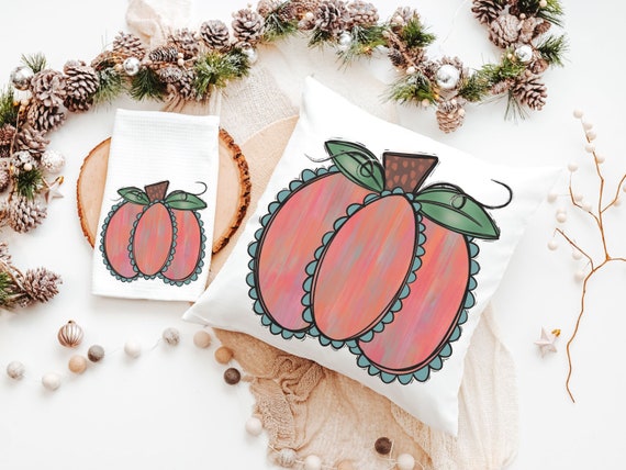 watercolor pumpkin throw pillows for couch trendy fall decor for home, autumn kitchen towels, Thanksgiving hostess gift for women, farmhouse