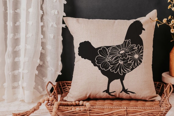 floral chicken throw pillows for couch, black and white farmhouse decor living room throw pillow covers 18x18, cute chicken gifts for women