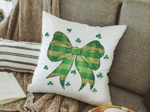 St Patricks day coquette bow throw pillows for couch, green plaid St Pattys day shamrock decorative pillows for sofa, Irish gifts for friend