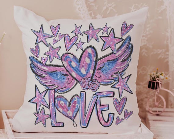 graffiti style love throw pillows for women, winged heart decorative pillows for couch dorm decor, Valentines day best selling gifts Etsy