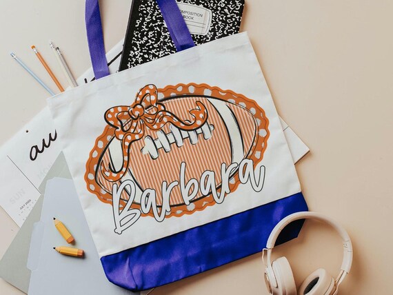 personalized orange seersucker football tote bag for cheer squad gifts, orange school spirit bag with name, Christmas gifts for cheerleaders