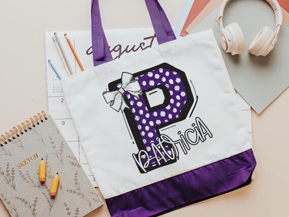 personalized initial tote bag for girls, purple coquette Christmas gifts for teenage girls, custom name tote book bag for teachers, secret