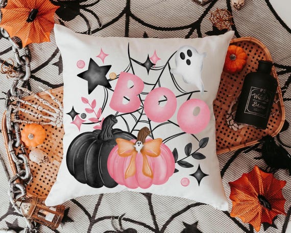 coquette Halloween throw pillow covers 18 x 18, boo basket stuffers for adults, cute Halloween gifts for women pink pumpkin pillow for couch