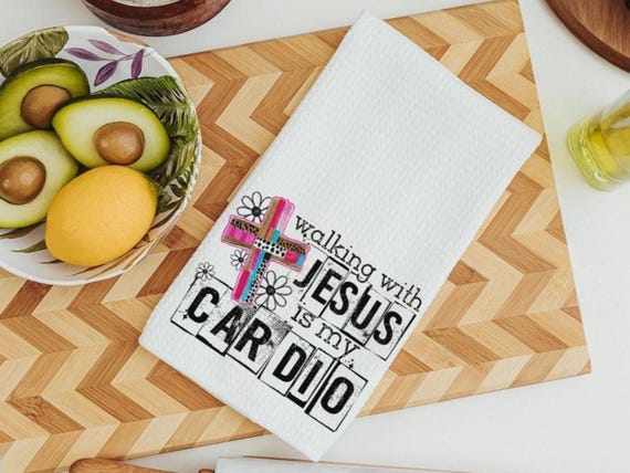 Walking with Jesus is my cardio kitchen towels for bridal shower, Christian kitchen finds, faith gifts for her, kitchen decor