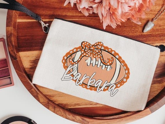 seersucker football cheer makeup bag personalized cheer squad gifts, orange school spirit school supplies cute pencil case for teenage girls