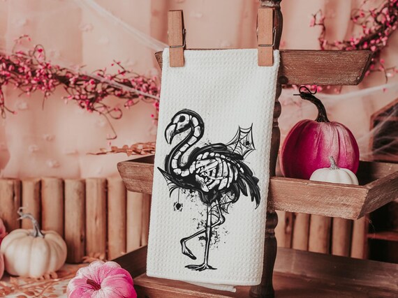 flamingo skeleton hand towels for bathroom, spooky cute Halloween kitchen towels home essentials, boo basket stuffers for girlfriend, beach