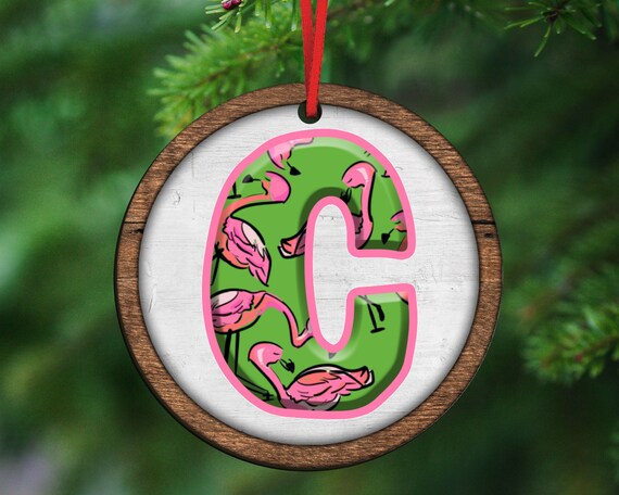 personalized flamingo ornament wood, initial ornament for tree, cute flamingo gifts for her, tropical Christmas ornaments, flamingo car
