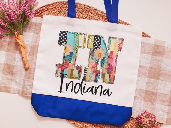 faux patchwork cute Indiana tote bag for school, Indiana Christmas gifts for realtors, Indiana gifts, Indiana made farmers market bag for