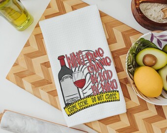 wine true crime in bed by 9 funny kitchen towels for women, true crime gift for her, serial killers and chill hand towel for guest bathroom