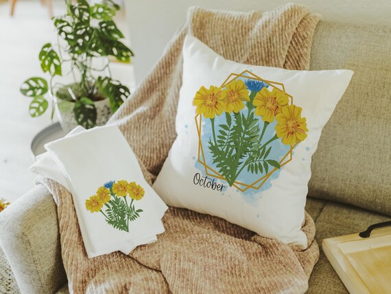 cosmos flower throw pillows for sofa, October birth flower gift for teacher, marigold flower kitchen towels, October birthday gifts for bff