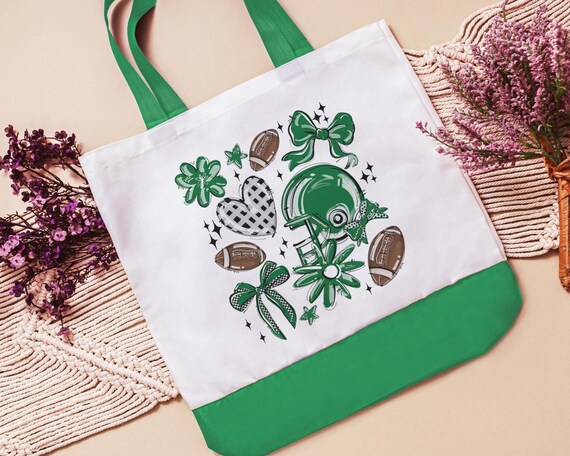 football coquette tote bag for girls, kelly green school spirit accessories for teachers, cheerleading bag for teenage girls, cute football