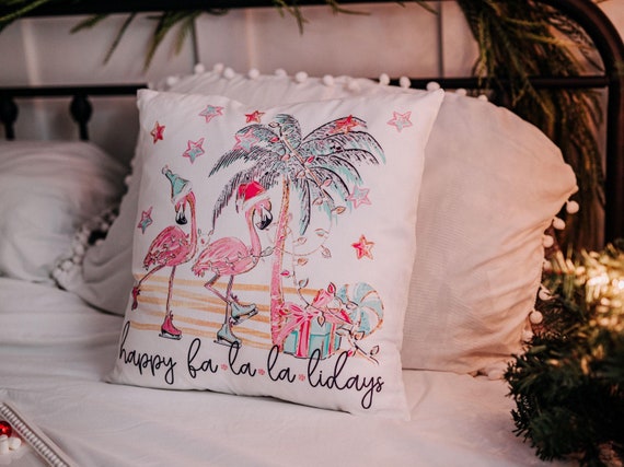 funny flamingo Christmas throw pillows for couch, beach Christmas decor for home, coastal Christmas pillow covers 18 x 18, cute Christmas