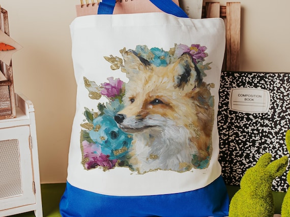 watercolor fox tote bag teacher gifts for women, floral fox gifts for sisters, library tote for books, college gifts for girls, eco friendly