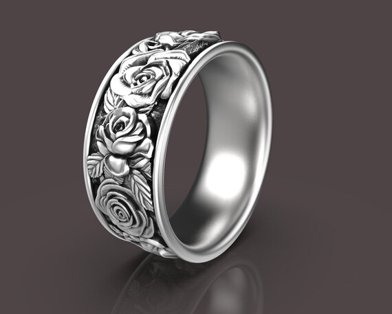 Rose Silver Flower Ring Delicate Romantic Jewelry Botanical Gift For Her Nature Wedding Anniversary Gift Proposal Band Boho Bohemian