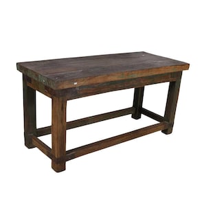 May include: A weathered wooden table with a rectangular top and sturdy legs. The table has a rustic appearance with shades of brown, green, and hints of blue. The table's dimensions are approximately 122 cm long, 61 cm wide, and 46 cm high.