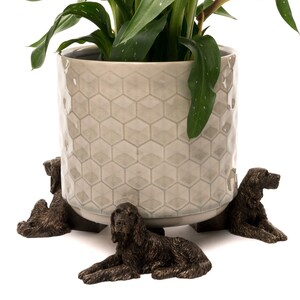 May include: A ceramic planter with a hexagonal pattern sits on a set of four bronze dog-shaped plant stands. The planter is filled with a green plant.