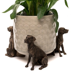 Peut inclure: Un pot en céramique avec un motif hexagonal est entouré de quatre figurines de chiens en bronze. Le pot est gris clair et les chiens sont de couleur brun foncé.