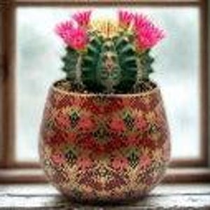 May include: A green cactus with multiple vibrant pink flowers blooming from the top, planted in a rounded ceramic pot. The pot features a detailed, intricate pattern in shades of deep red, gold, and black, covering its entire exterior surface.