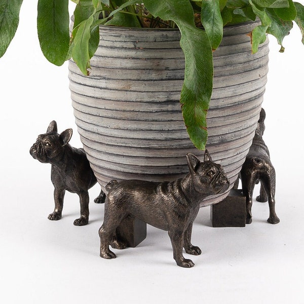 Pés para vasos de plantas em bronze antigo com formato de buldogue francês - Conjunto de 3 | Decoração de jardim artesanal