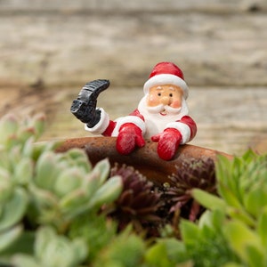 Könnte beinhalten: Eine kleine, rot-weiße Weihnachtsmann-Figur, die über den Rand eines Terrakotta-Topfes mit grünen Sukkulenten schaut.
