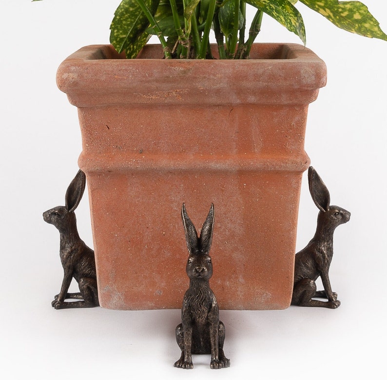 Puede incluir: Dos figuritas de conejo de bronce que flanquean una maceta de terracota con una planta verde de hojas. Los conejos est&aacute;n colocados a cada lado de la maceta, mirando hacia afuera.