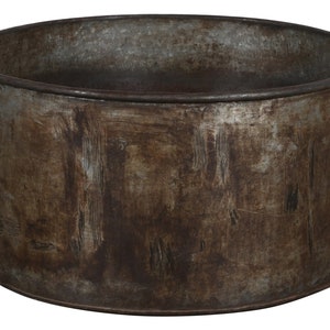 May include: A round, metal planter with two handles. The planter is made of galvanised metal and has a rustic, weathered look.