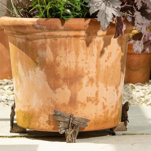 Peut inclure: Pot en terre cuite avec un motif de libellule sur chacune des quatre pieds. Le pot est posé sur une terrasse.