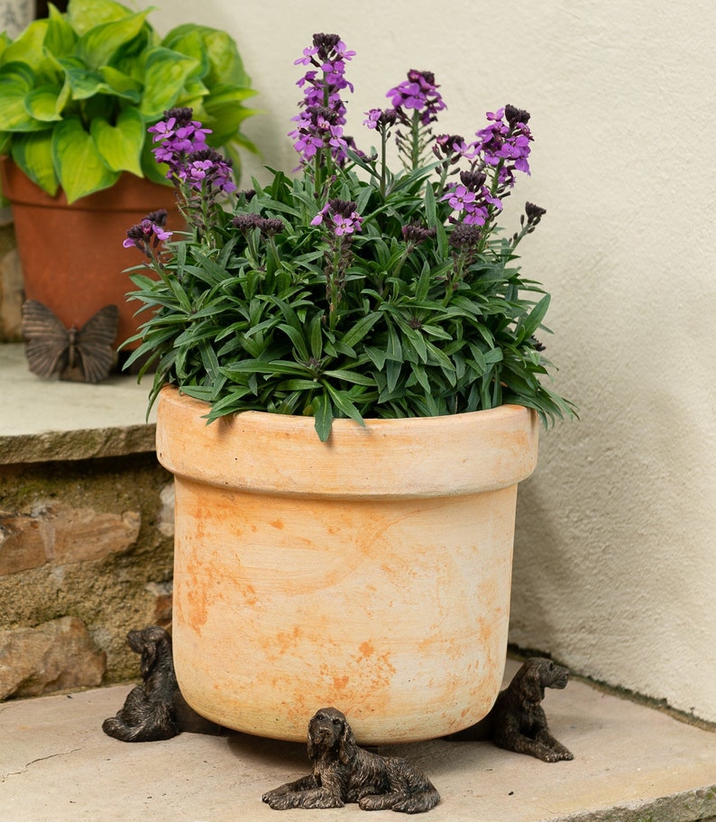 May include: A terracotta pot with purple flowers sits on three decorative dog-shaped plant stands. The pot is round and has a slightly flared lip. The dogs are made of metal and are painted in a bronze finish.