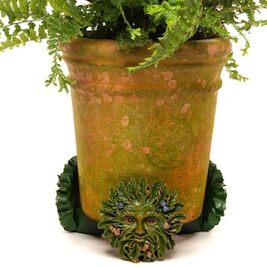 Könnte beinhalten: Ein Terrakotta-Topf mit einer grünen Farnpflanze und einem grünen Mann-Gesichts-Pflanztopf am Boden. Der Topf hat ein rustikales, gealtertes Aussehen mit braunen und grünen Flecken.