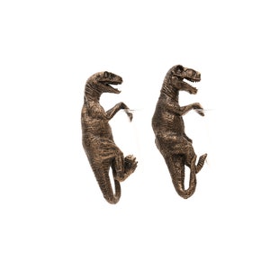 Puede incluir: Dos ganchos de pared de dinosaurio de bronce con jarrones de vidrio. Los dinosaurios están mirando en direcciones opuestas y están en una pose de escalada.
