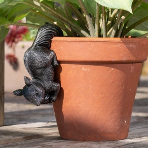 Könnte beinhalten: Eine schwarze Eichhörnchenfigur sitzt auf dem Rand eines Terrakotta-Blumentopfs. Das Eichhörnchen blickt nach links und hat seinen Schwanz um den Topf gelegt.
