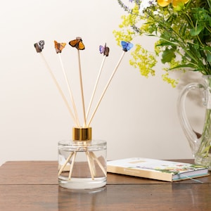 Könnte beinhalten: Eine Glasdiffusor-Flasche mit goldenem Deckel und Holzstäbchen, die mit bunten Schmetterlingsdekorationen verziert sind. Der Diffusor steht auf einem Holztisch neben einem Buch und einer Glaskanne voller Blumen.