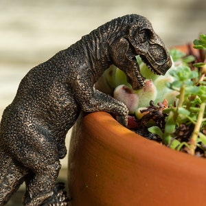 Bronze T-Rex Pot Buddy | Dinosaur Garden Decor | British Design | US Market | Gift Boxed