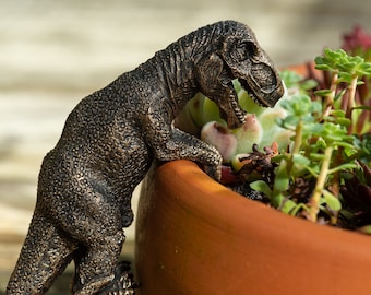 Bronze, Tyrannosaurus Rex, Topffreund, Topfaufhänger, Geschenkbox, Gartengeschenke, antikes Dekor, Blumentopfdekor, Topfaufhängung, Hofdekor, Garten