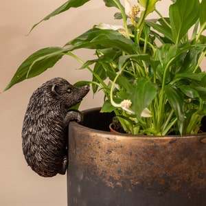 Pode incluir: Uma estatueta de ouriço-cacheiro em bronze agarrada à borda de um vaso escuro e texturizado. O vaso contém uma planta verde exuberante com folhas grandes e flores brancas, criando um acento decorativo.
