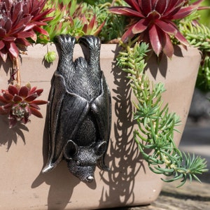 Peut inclure: Une chauve-souris en métal noir suspendue à l'envers à un pot en terre cuite rempli de succulentes. La chauve-souris a un design détaillé et réaliste avec des ailes repliées derrière son dos.