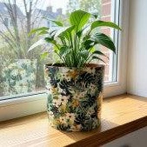 Puede incluir: Una maceta cilíndrica con un denso patrón botánico de hojas de monstera verde oscuro, flores blancas y detalles amarillos. Una planta verde vibrante con follaje puntiagudo crece desde la parte superior del recipiente estampado.